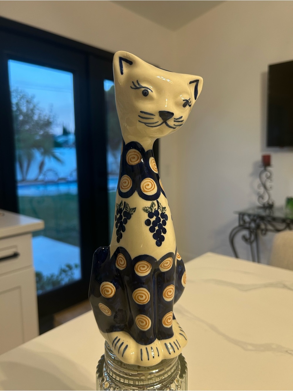 Boleslawic Polish Pottery Cat 
Hand-Painted Cream and Navy Ceramic Cat Sculpture